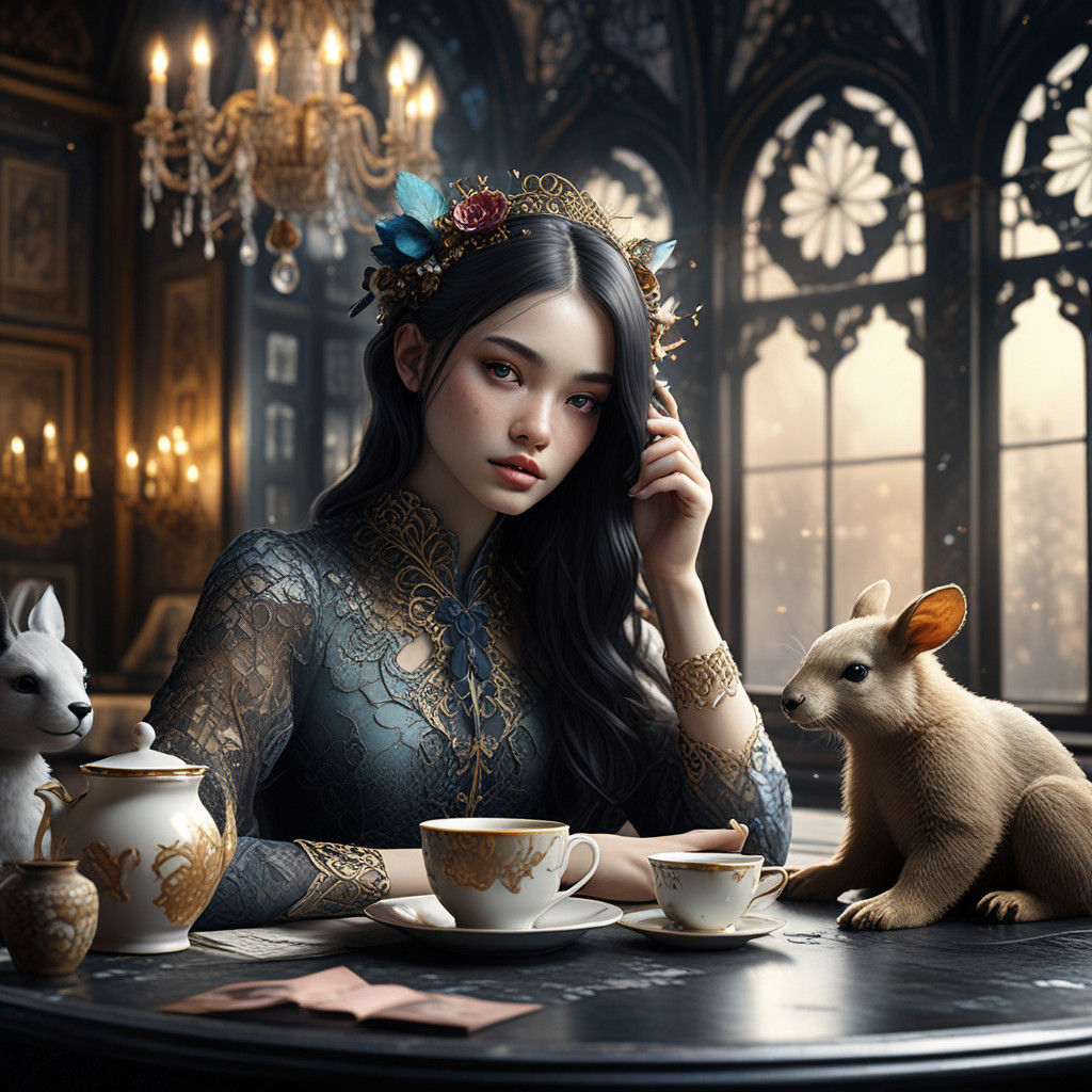 Whimsical Watercolor Tea Party Scene with Christmas Tree