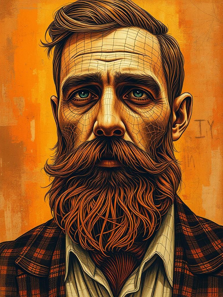 Duotone Portrait of Bearded Man with Filigree