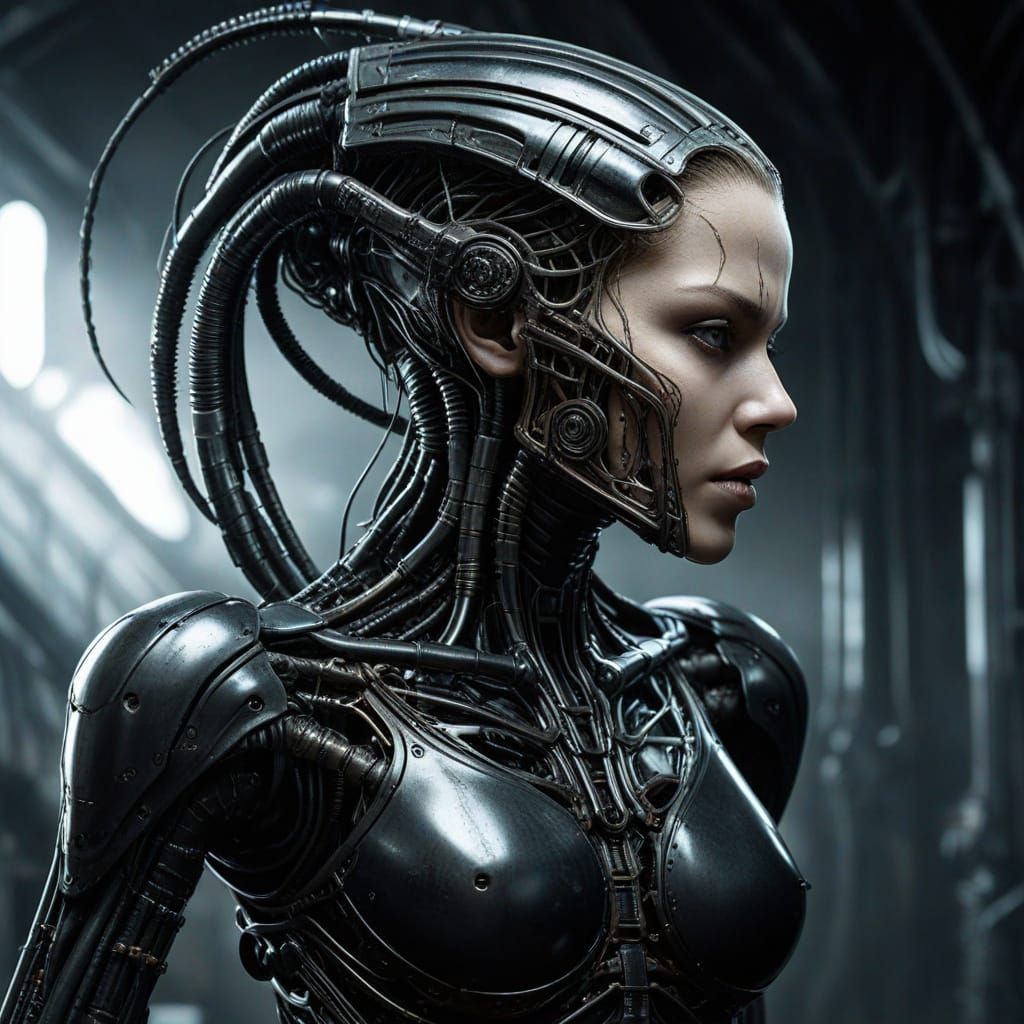 Bio-Mechanical Warrior Ascends in Cyberpunk Haze