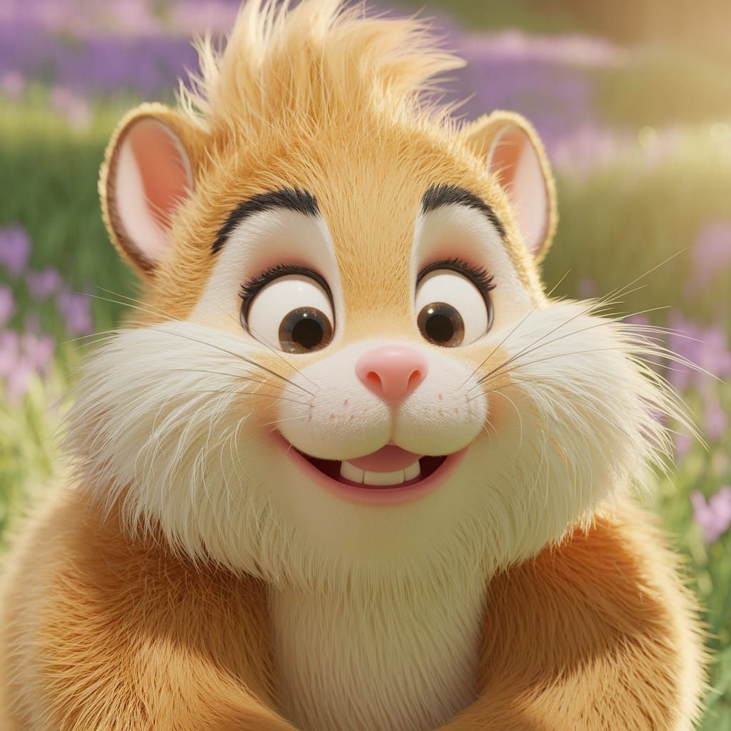 Closeup detailed CGI portrait of an adorable happy critter, soft fur, big eyes, sunny day