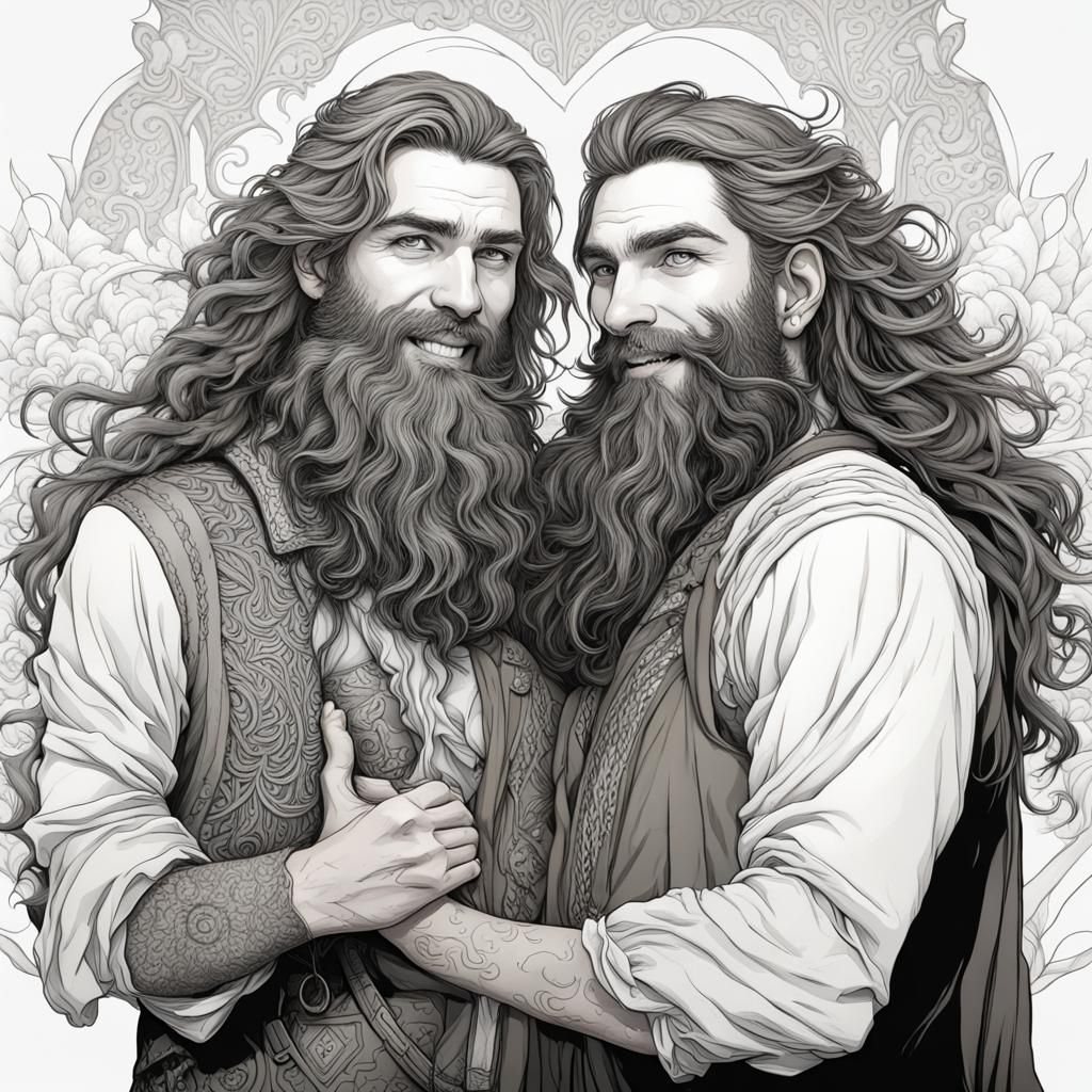 Line Art of Two Bearded Men in Love