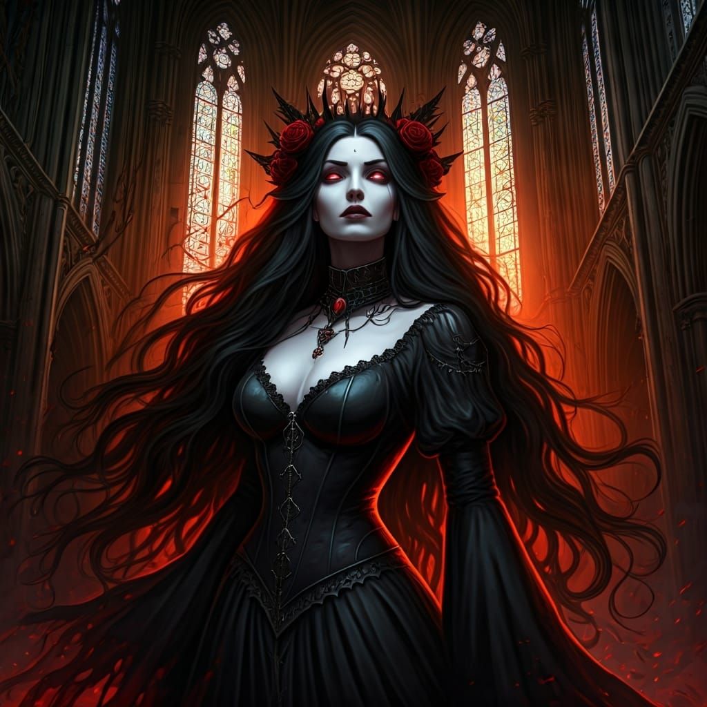 Gothic Vampire Goddess in Decaying Cathedral
