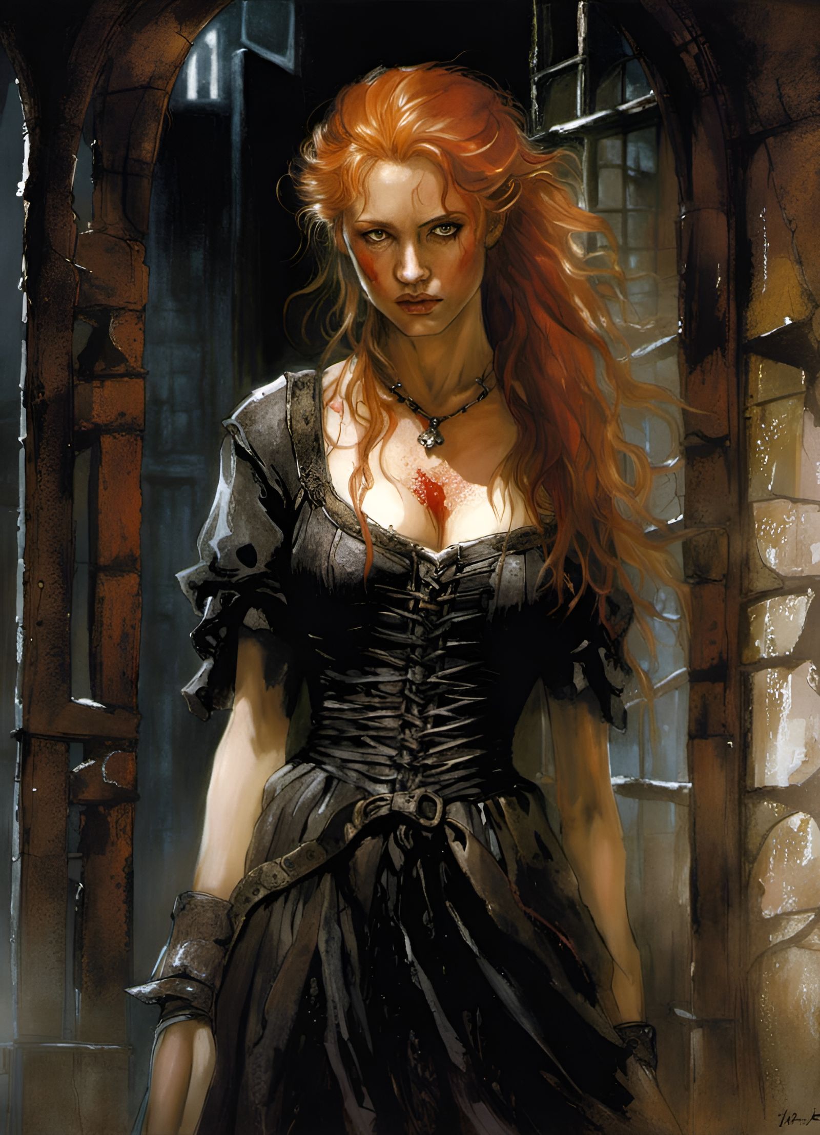 Crying Woman with Scars in Dark Fantasy Cell