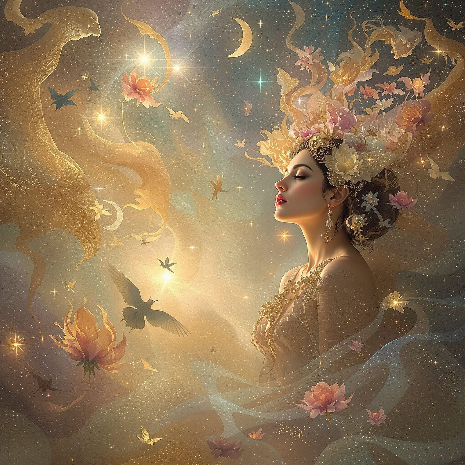 Contemplative Woman Surrounded by Luminous Beings