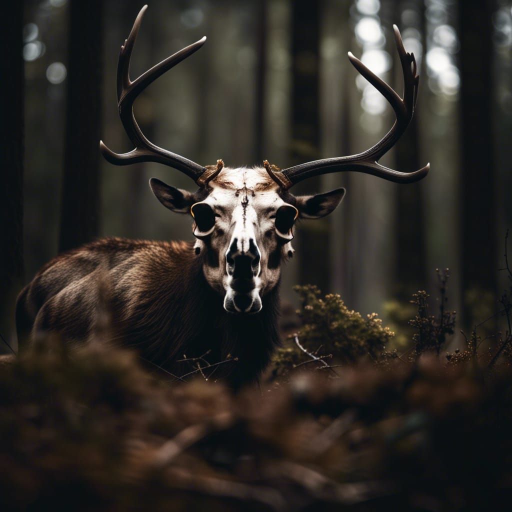 Elk with Skull Face in Dark Forest Photo