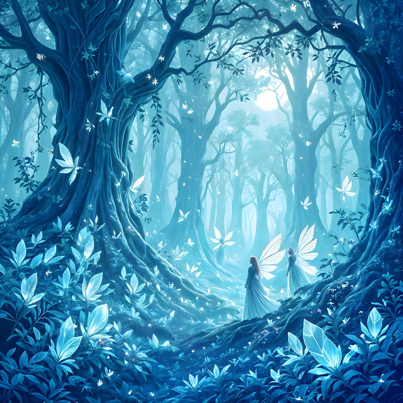 Bioluminescent Forest of Energy Trees and Crystal Ground