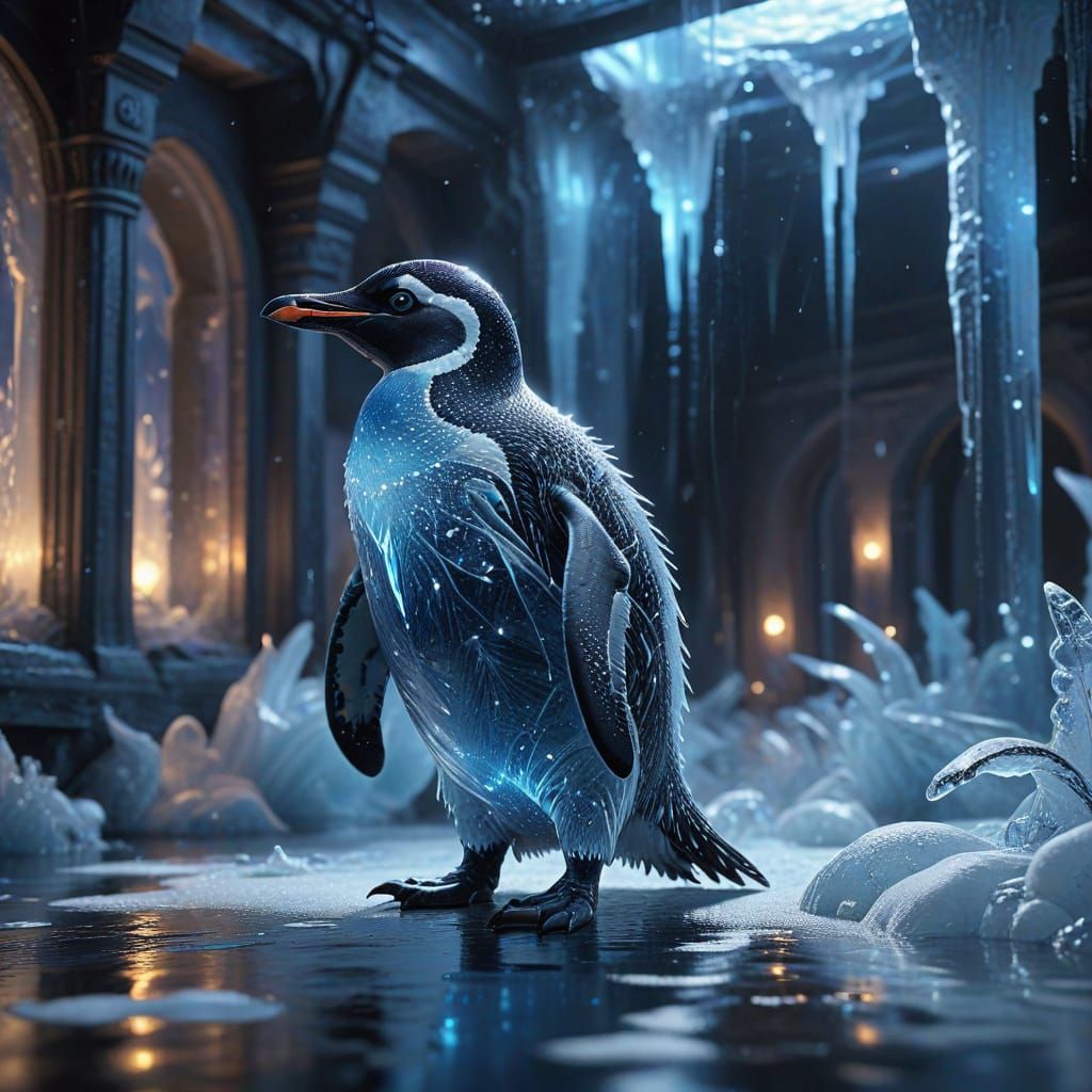 Penguin Curator in Sci-Fi Ice Gallery