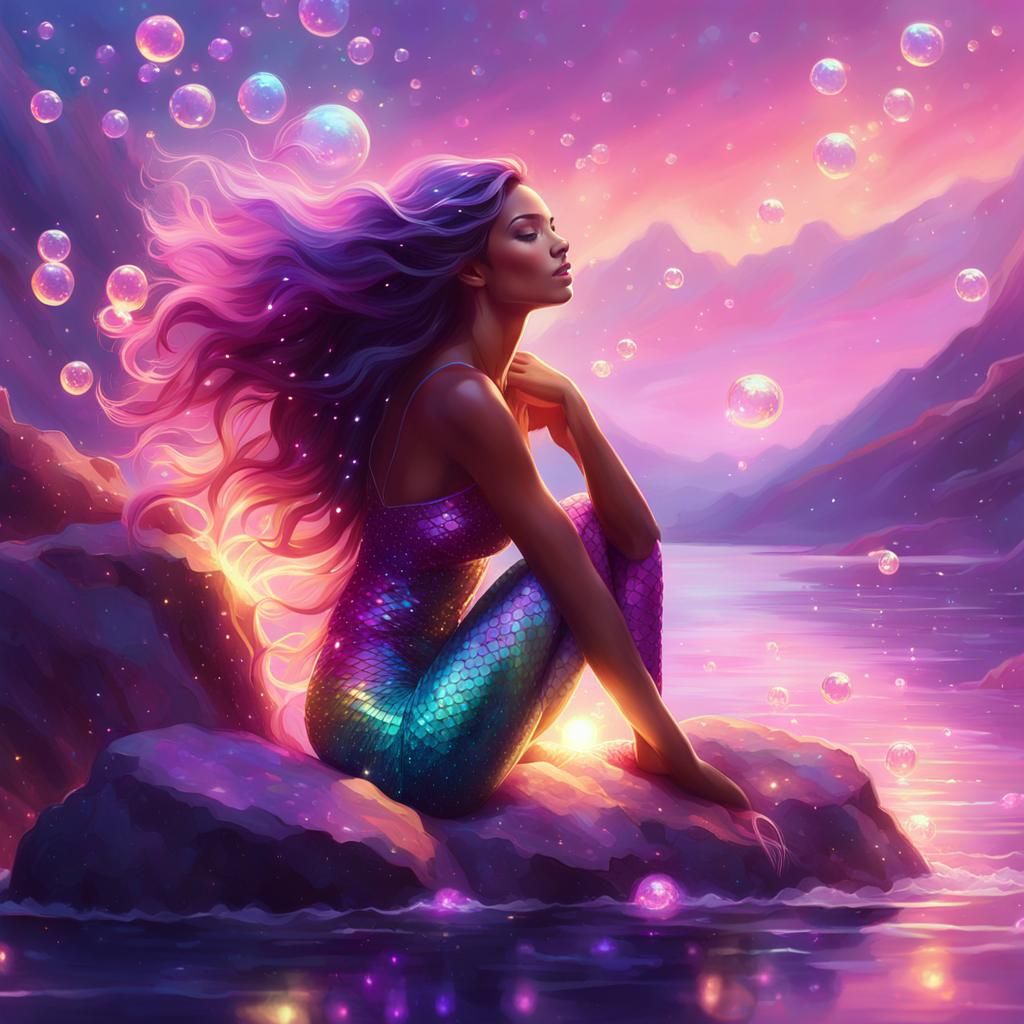 Enchanting Mermaid on Amethyst Rock: Digital Art