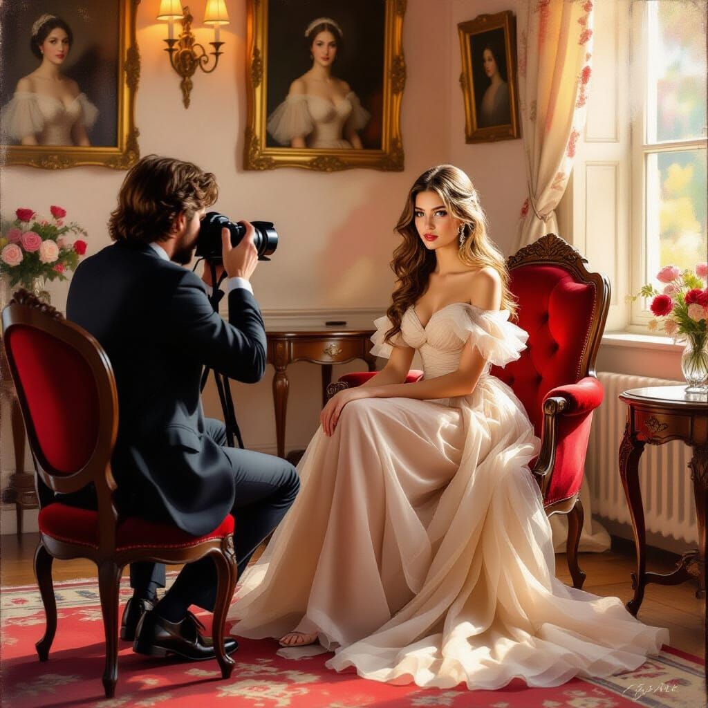 Romantic Impressionist Portrait of a Woman in Tulle Gown