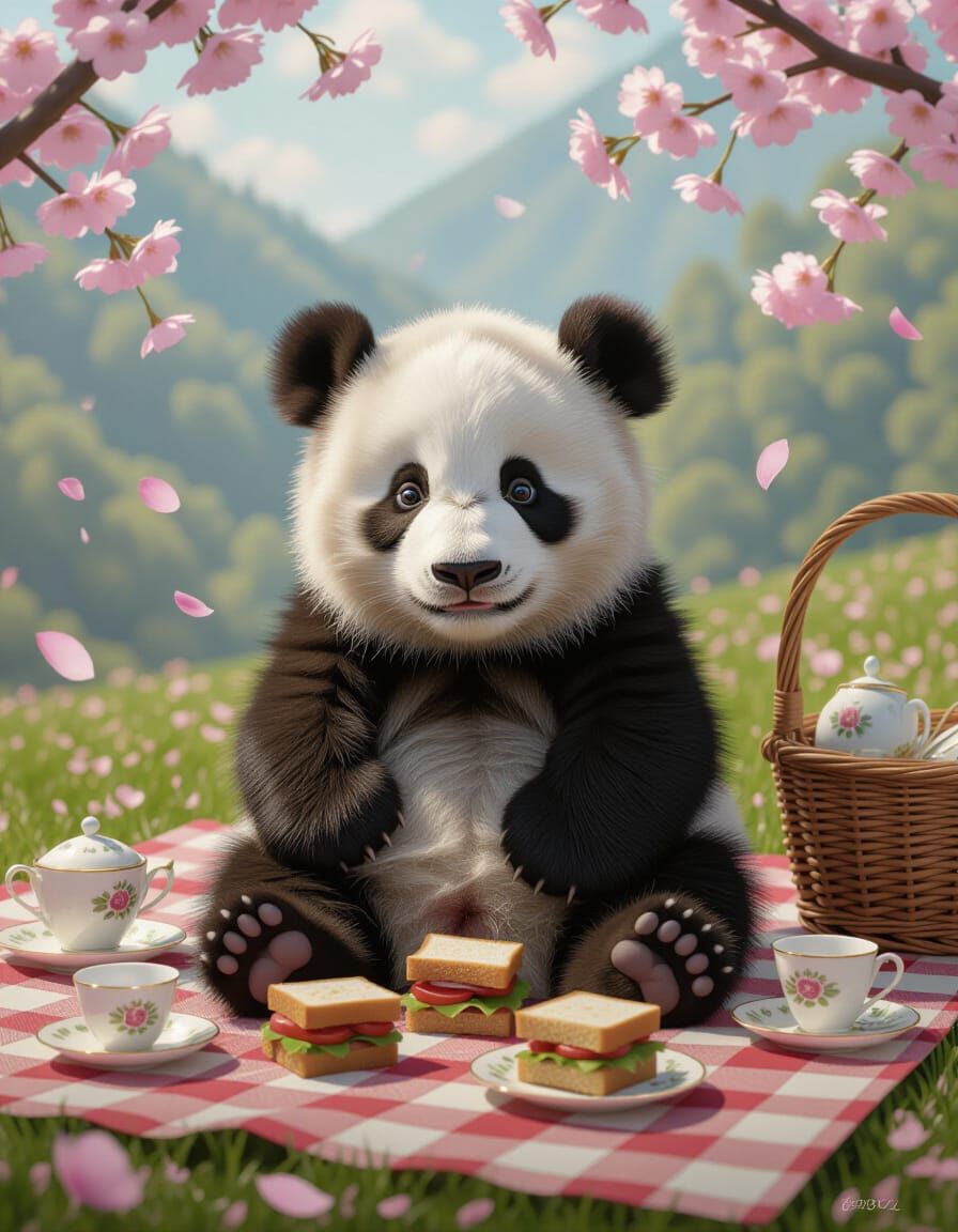 Baby Panda's Cherry Blossom Picnic