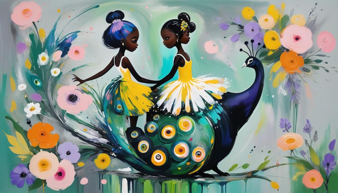 Girls Riding Snail in Abstract Expressionism Style