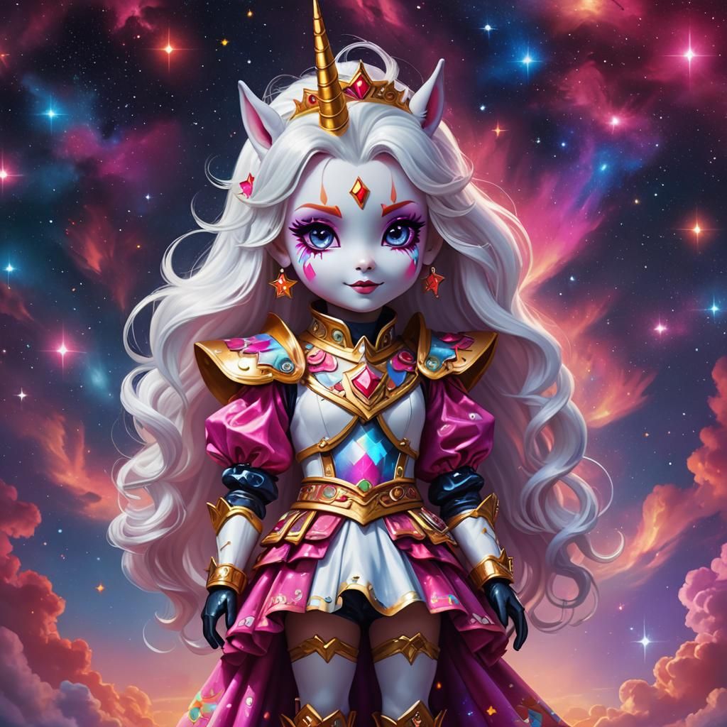 Chibi Harlequin Princess in Neon Aurora Sky