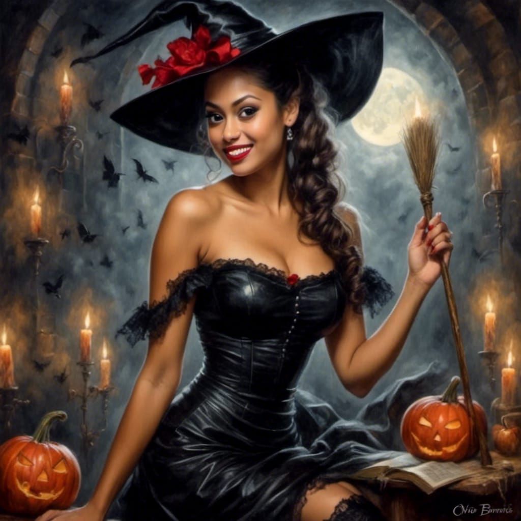 Pixie Witch Rides Broom in Noir Gothic Style