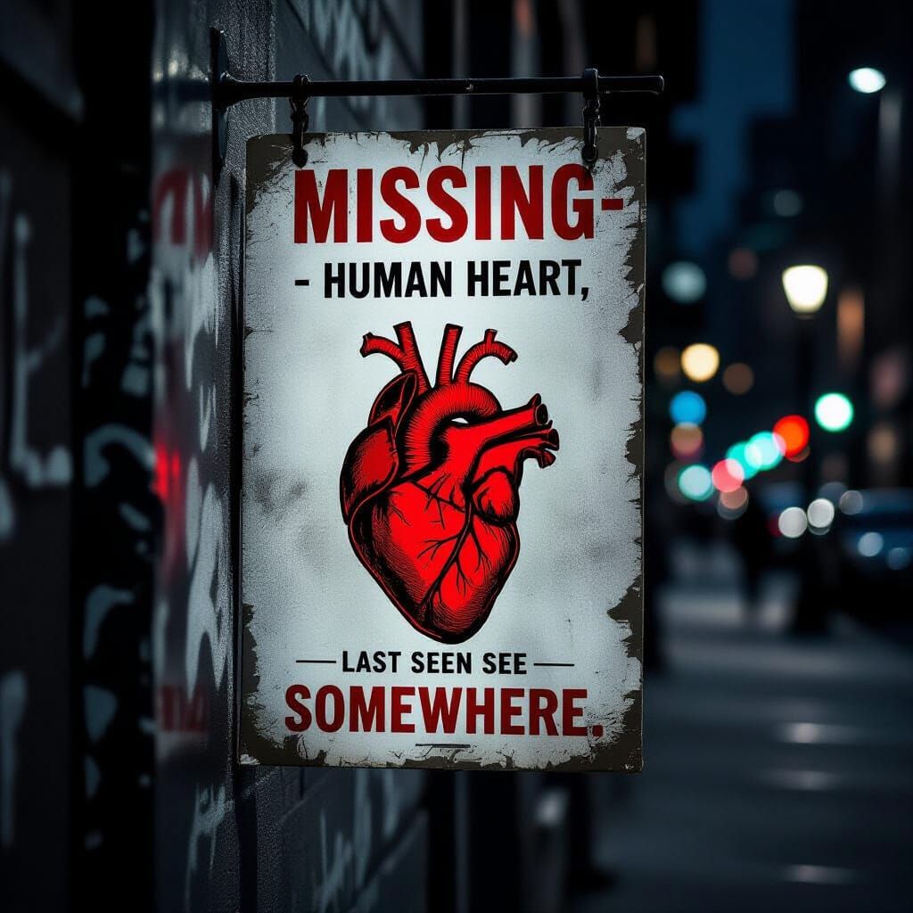 Missing Heart Poster on Grimy City Wall at Night