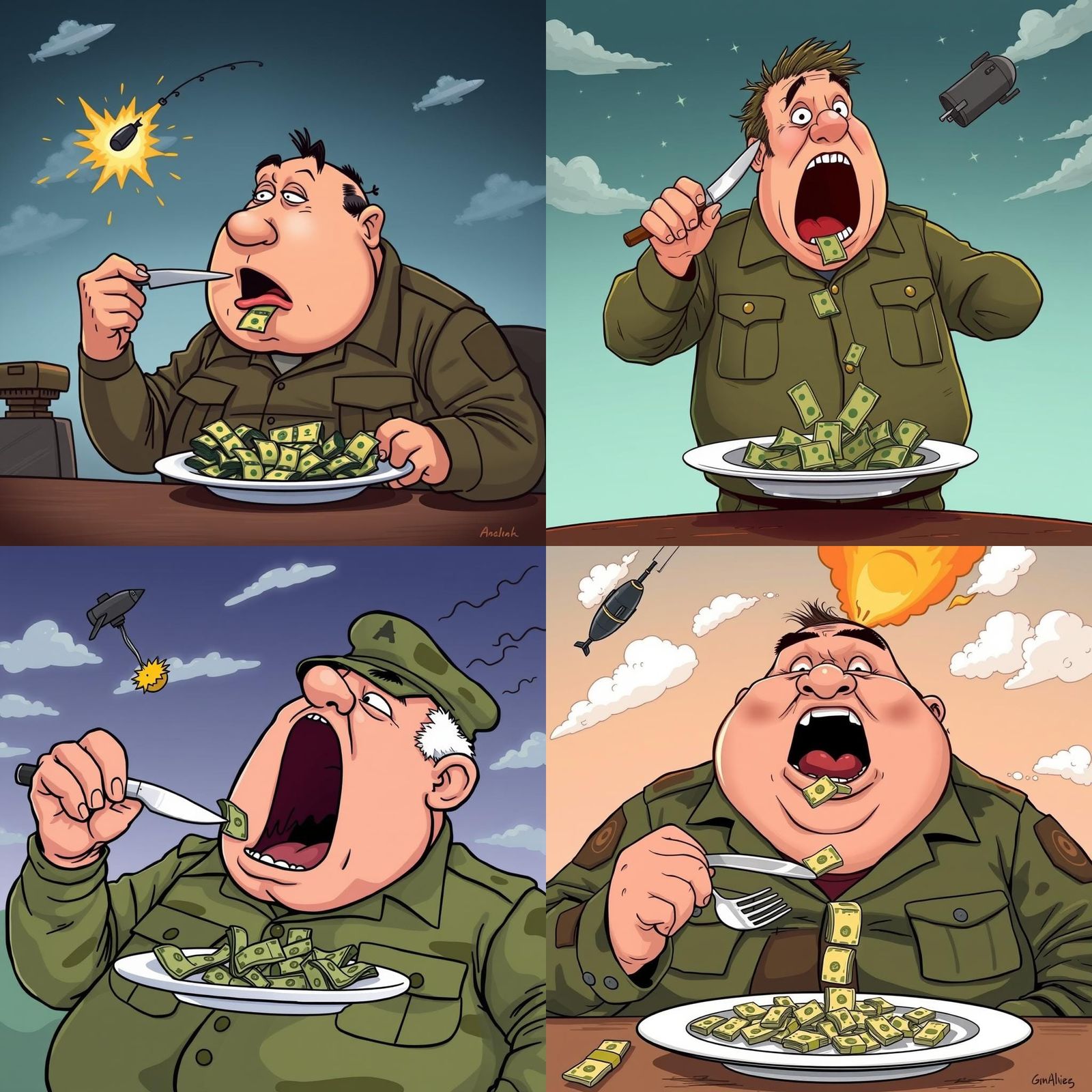 Satirical Cartoon: Man Eats Money as Bomb Falls
