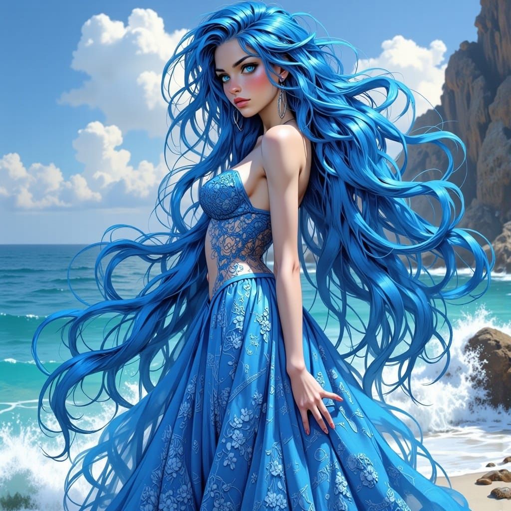 Blue-Haired Woman at Ocean's Edge in Anime Style