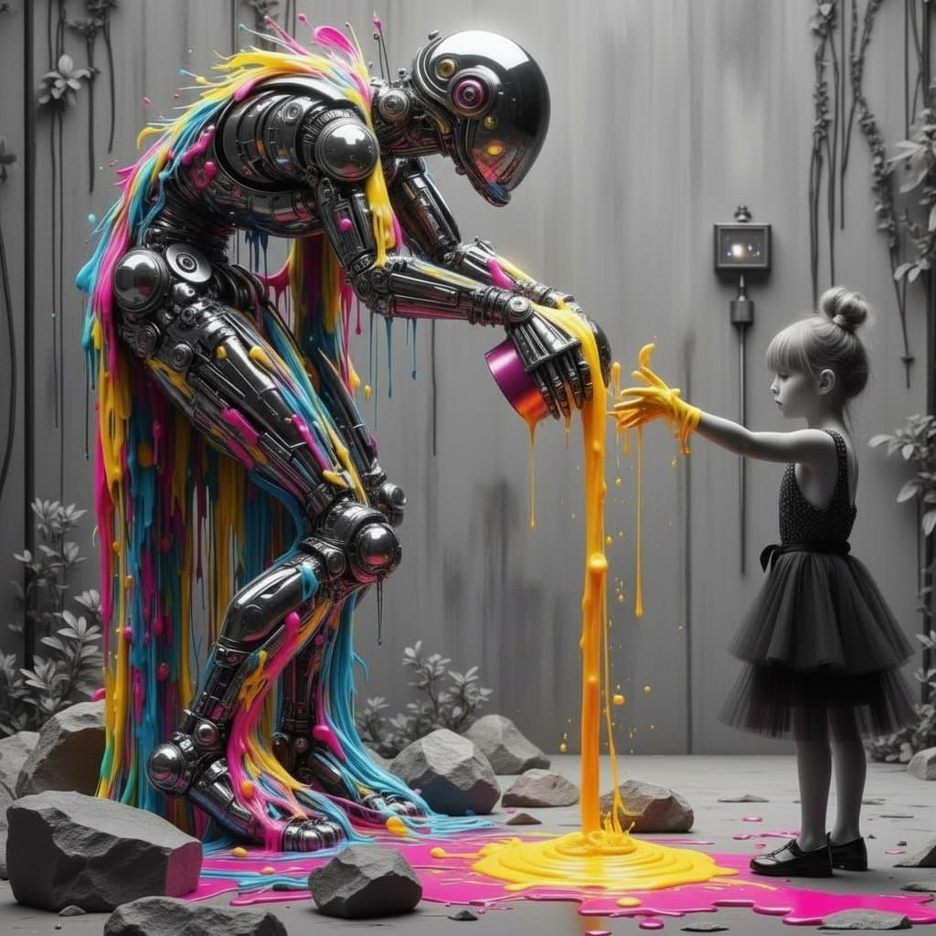 Metallic Robot Dumps Colorful Paint on Girl in Formal Dress