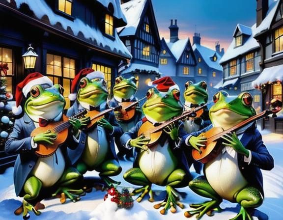 Festive Frogs Playing Christmas Music in Winter