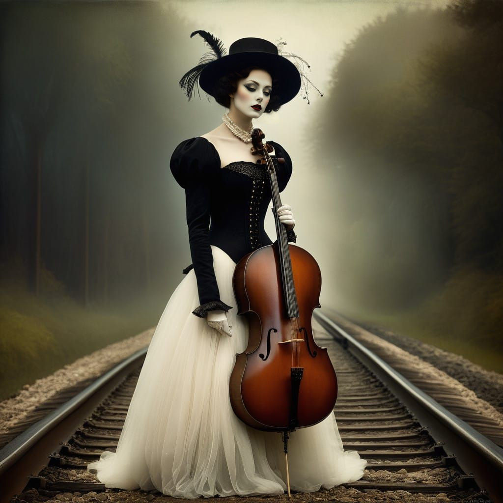 Pierrot Cellist in a Vintage Train Station