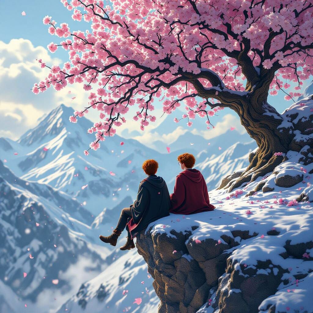 Harry Potter & Ron on Snowy Mountaintop Beneath Cherry Bloss...