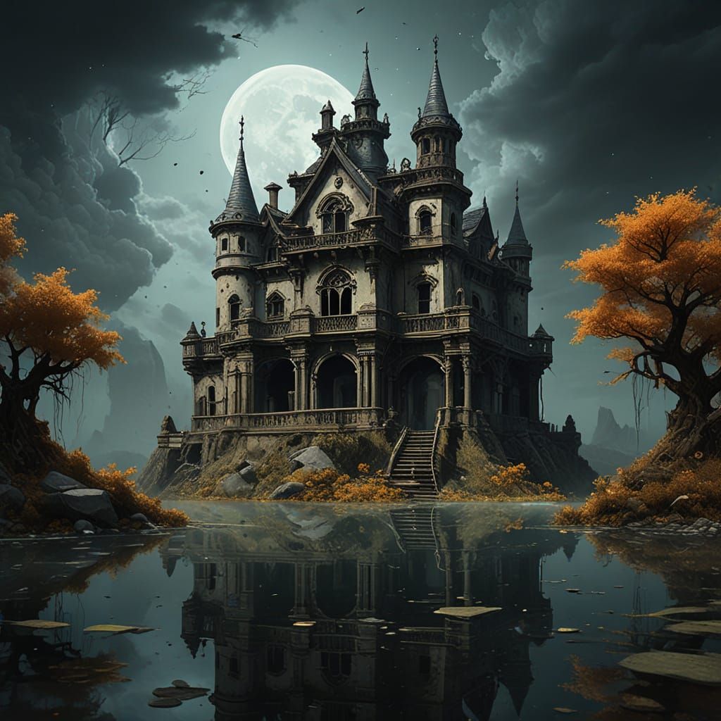 Decaying Castle on Floating Island in Starry Sea