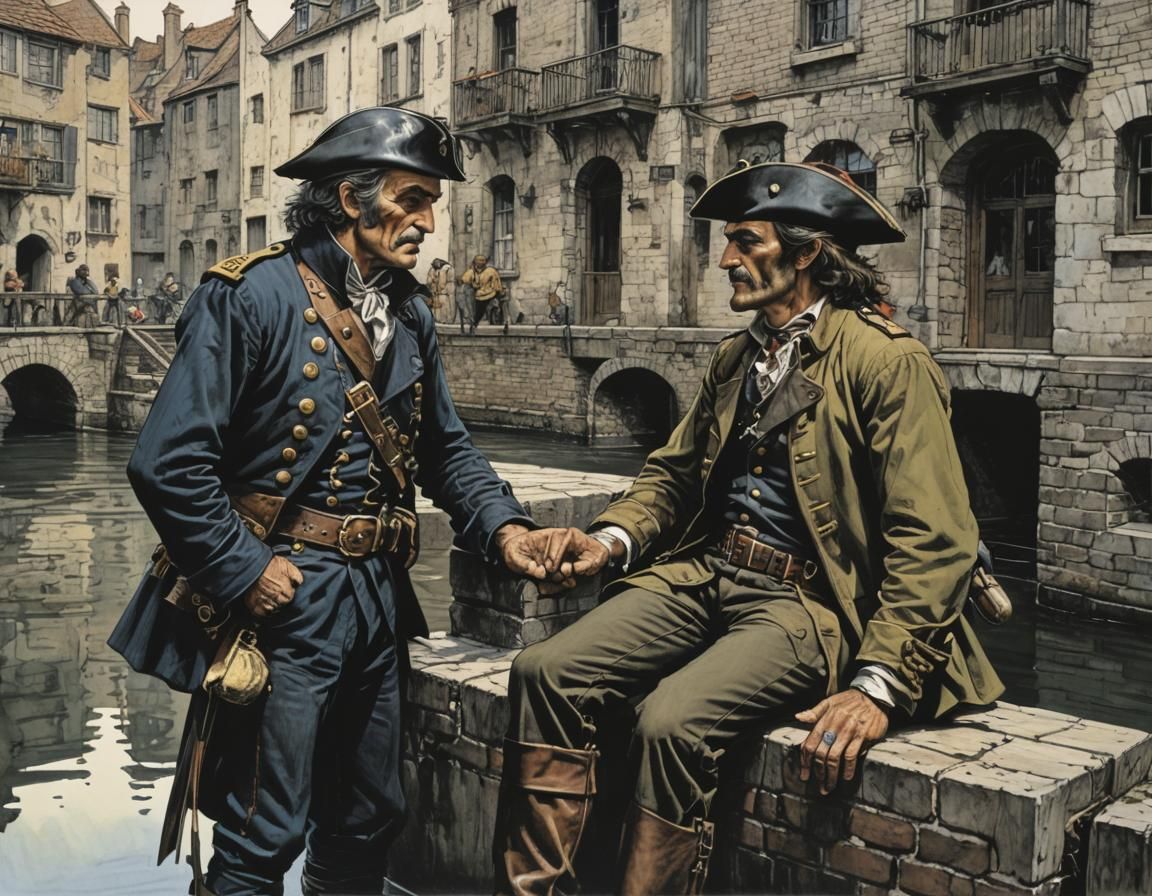 Gendarme and Pirate Chatting by Canal, Comic Book Style