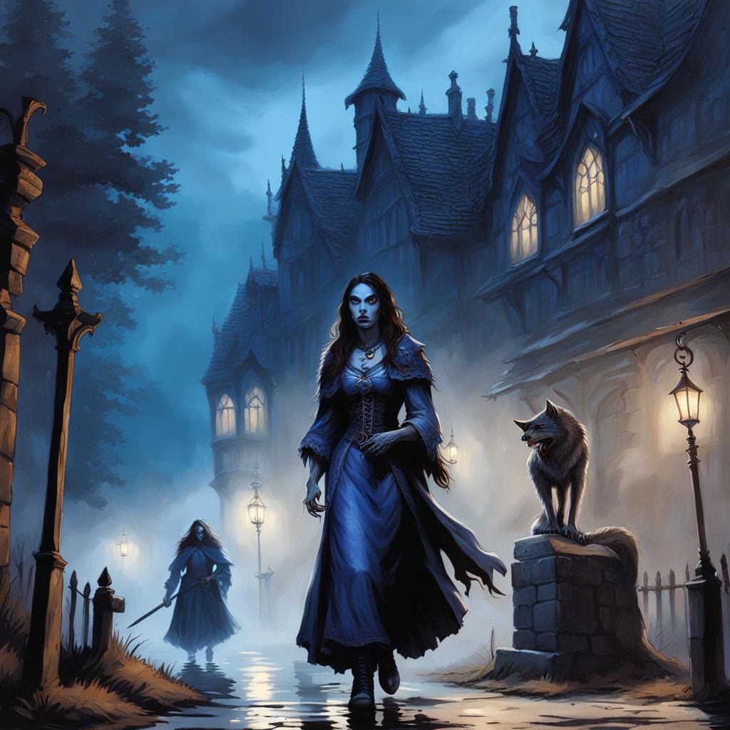 Gothic Werewolf in Ravenloft Mist Manor at Night