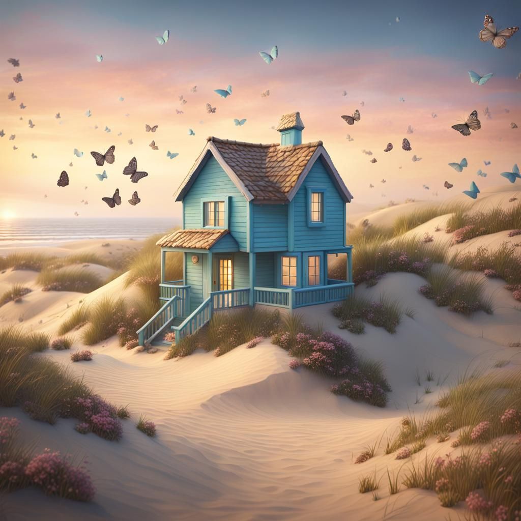 Pastel Beach House with Butterflies: Detailed Matte Painting