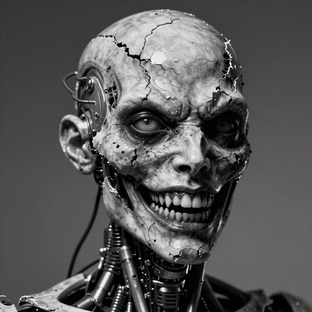 Grotesque Cyborg with Cracked Face and Menacing Grin