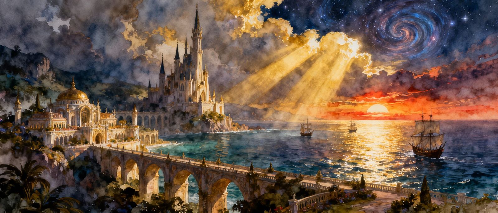Fantasy Castle Sunset Over Seas with Cosmic Galaxy