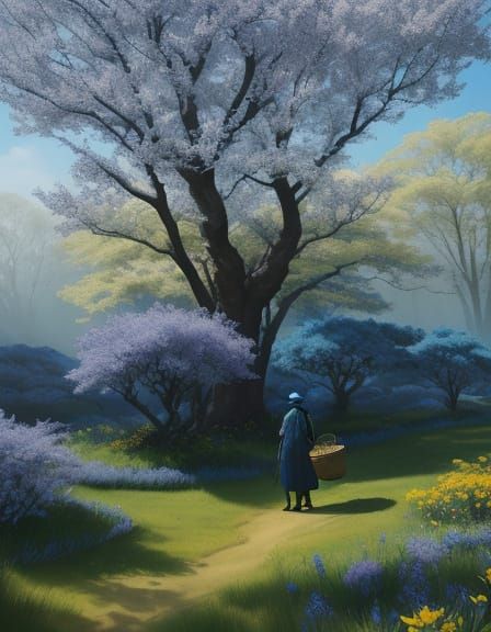 Surreal Sumi-e Scene with Traditional Farmer Amidst Vibrant ...