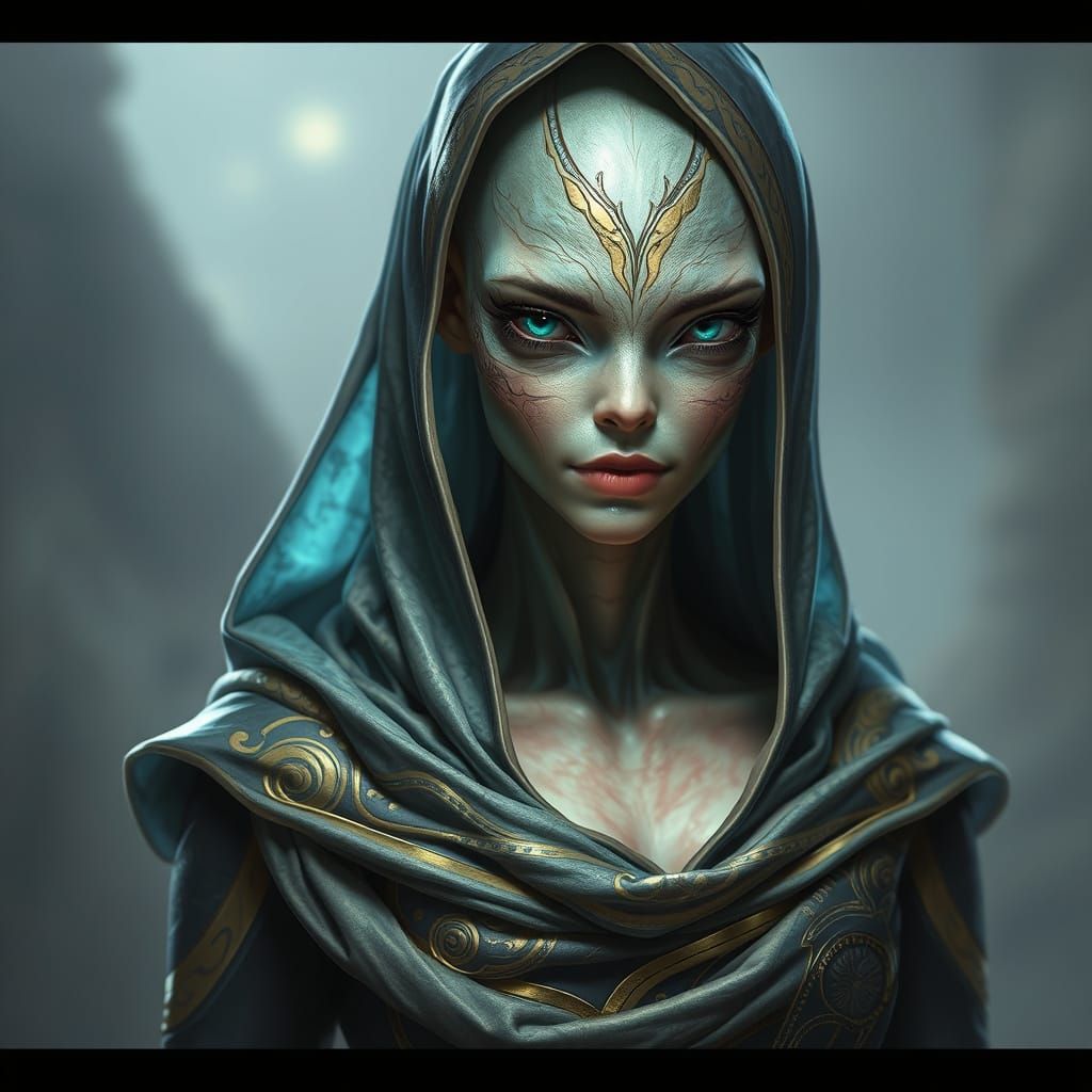 Glowing Alien Woman in Ethereal, Iridescent Cloak