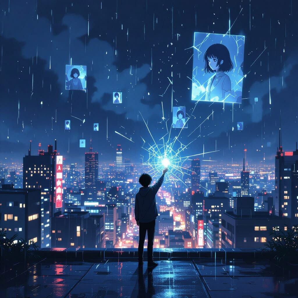 Man on Rainy Rooftop Holding Fractured Light