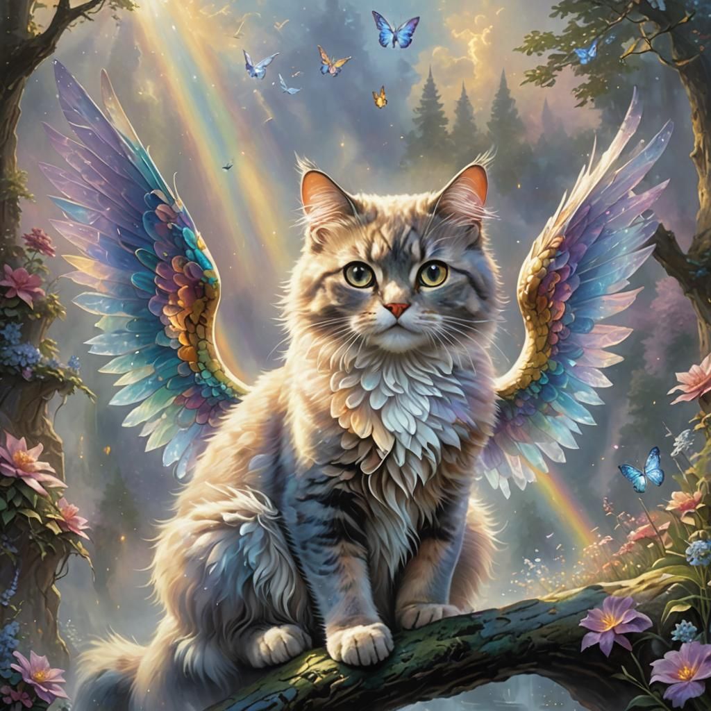 Winged Cat in Prismatic Hues: Ethereal Fantasy Art