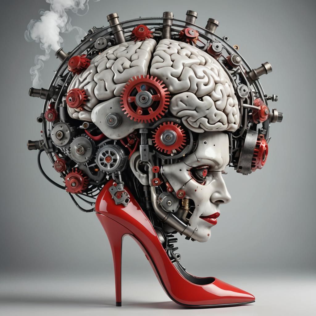 Steam-Powered Brain with Face in Red Heels