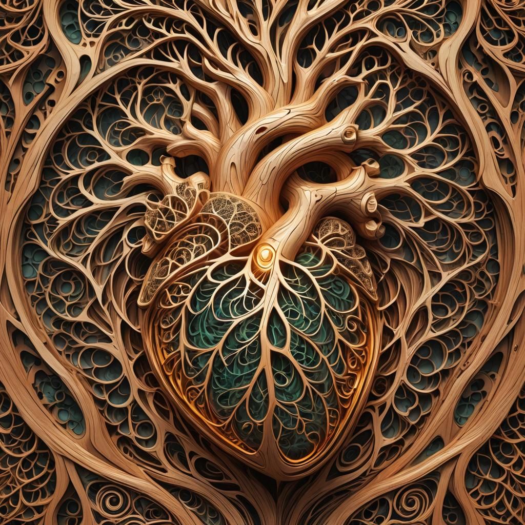 Glowing Wooden Heart Carved with Fractal Patterns