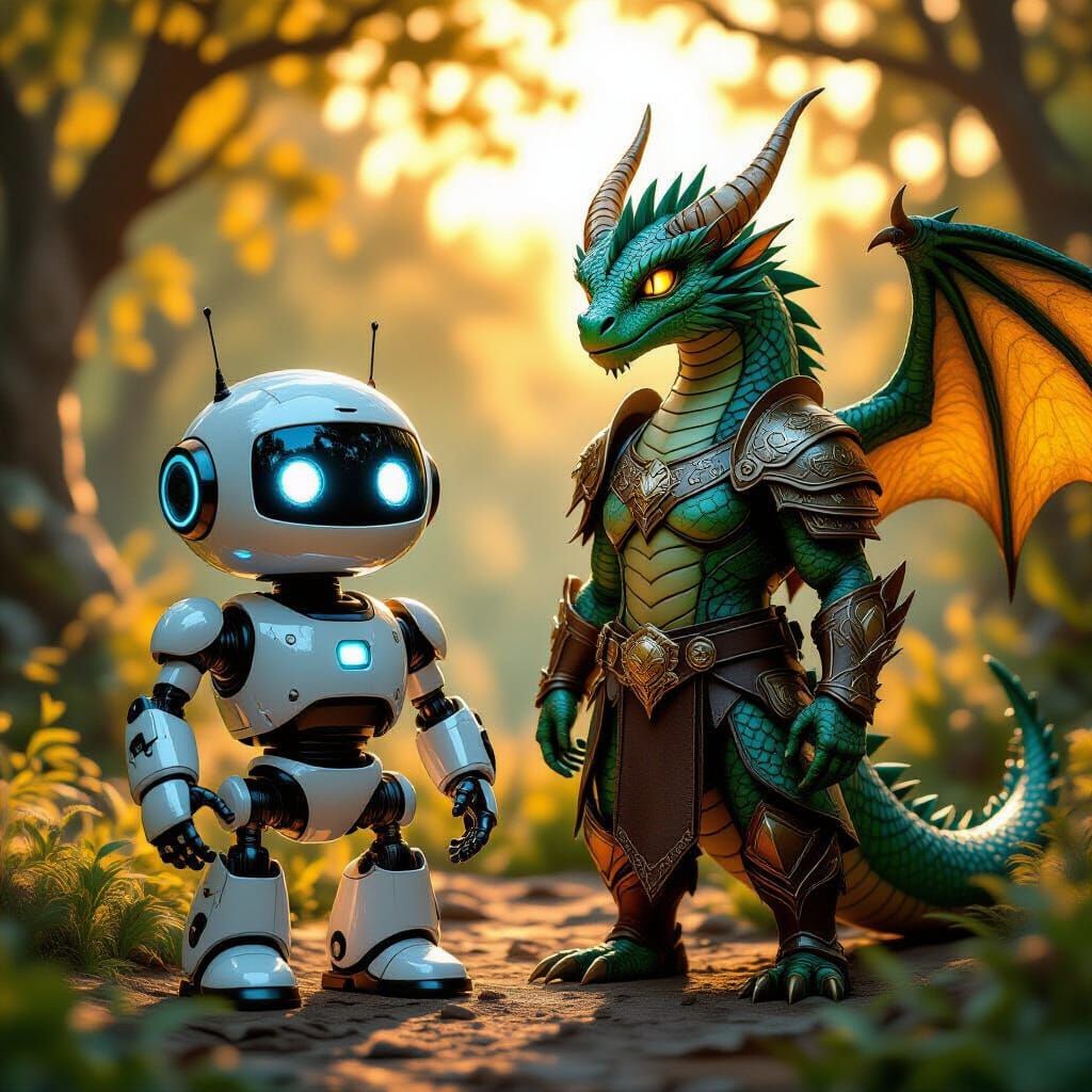 Cute Robot and Dragonborn in Fantasy Forest
