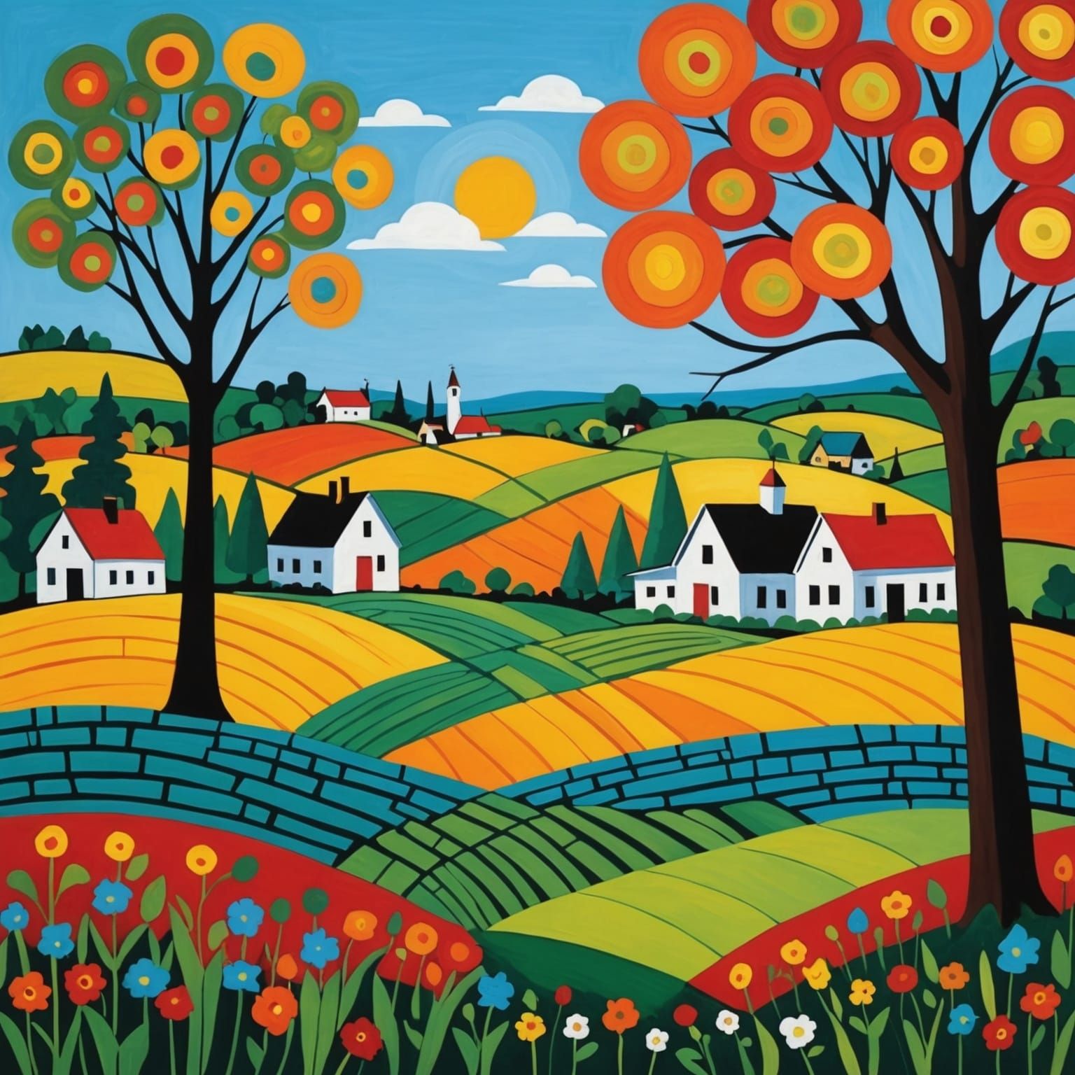 Abstract Folk Art Landscape with Farm and Houses