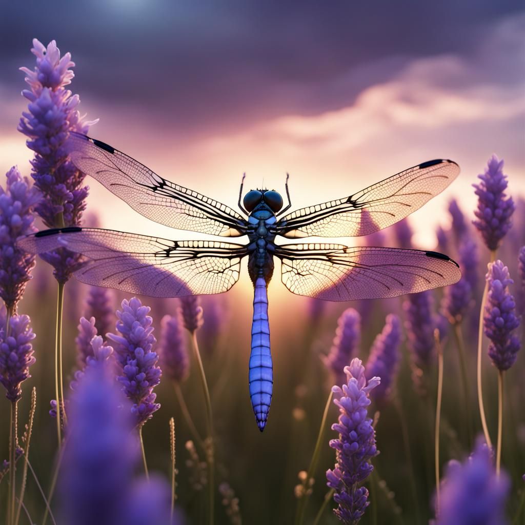 Realistic Dragonfly in Lavender Field, Detailed Matte Painti...