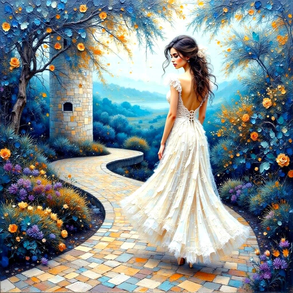 Woman in Tiled Landscape as Impasto Oil Painting