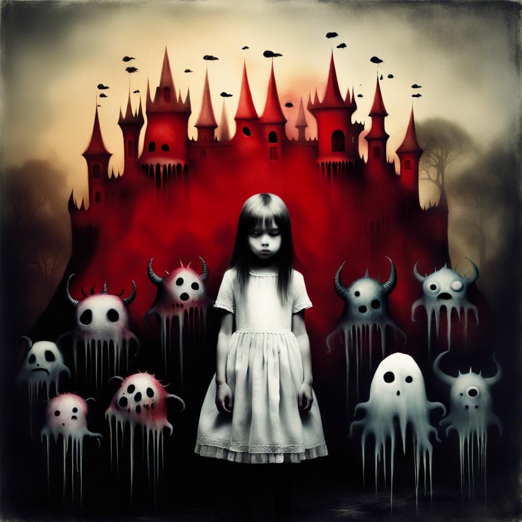 Surreal Girl Surrounded by Monsters in Vivid Colors
