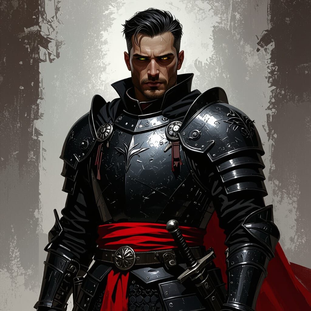 Man in Black Armor with Gleaming Eyes