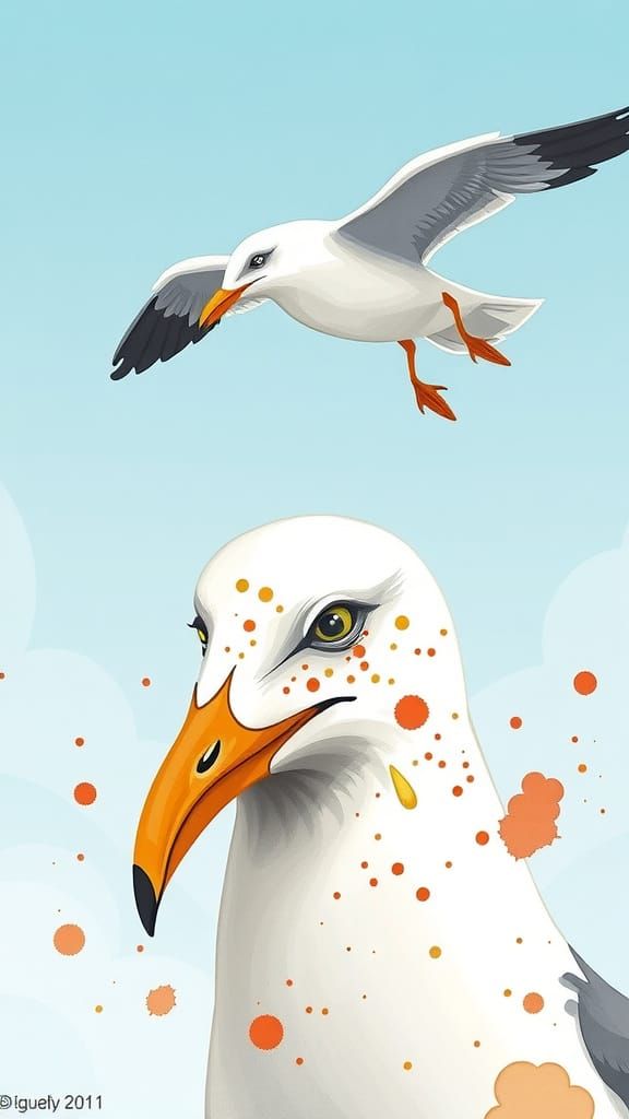 Cartoon Seagulls in a Humorous Watercolor Scene