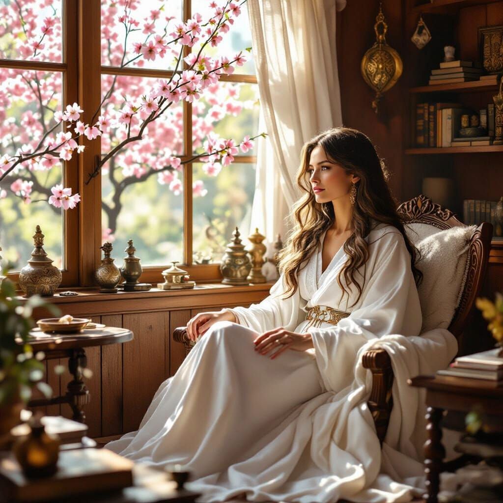 Mystic Woman in Cozy Office Bathed in Sunlight