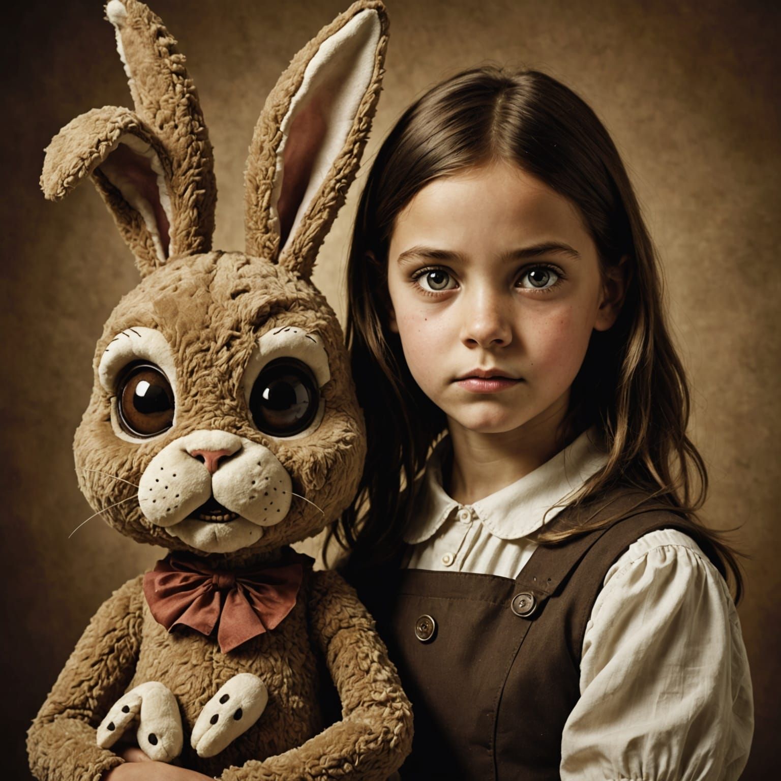 Girl With Giant Creepy Zombie Bunny - Vintage Sepia Photo