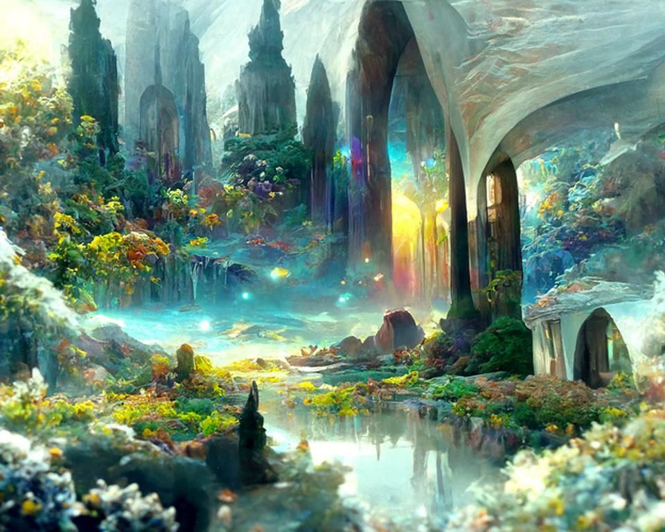 Mystical Solarpunk Temple in Misty Alien Landscape