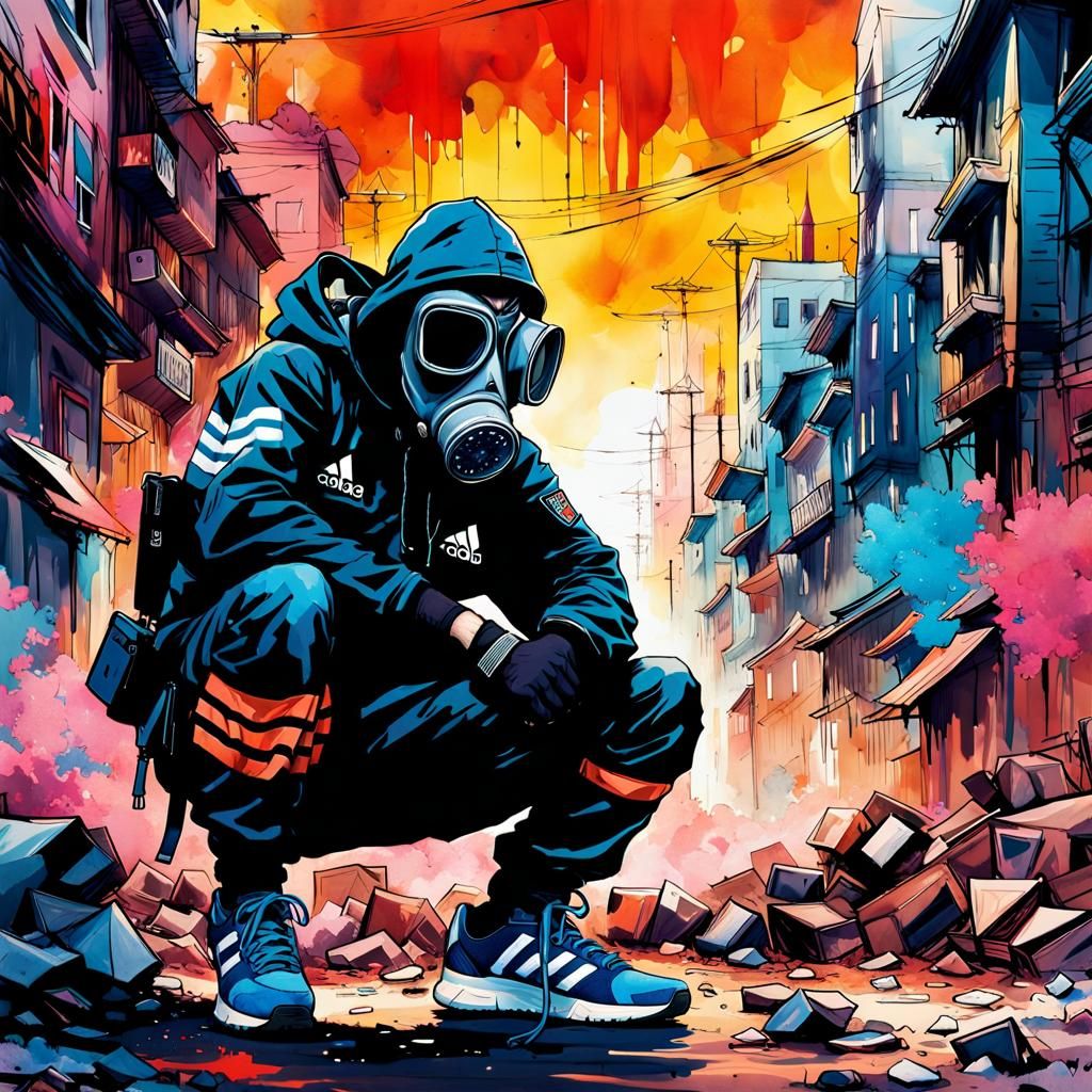 Soldier in Gas Mask Squatting in Ruined City