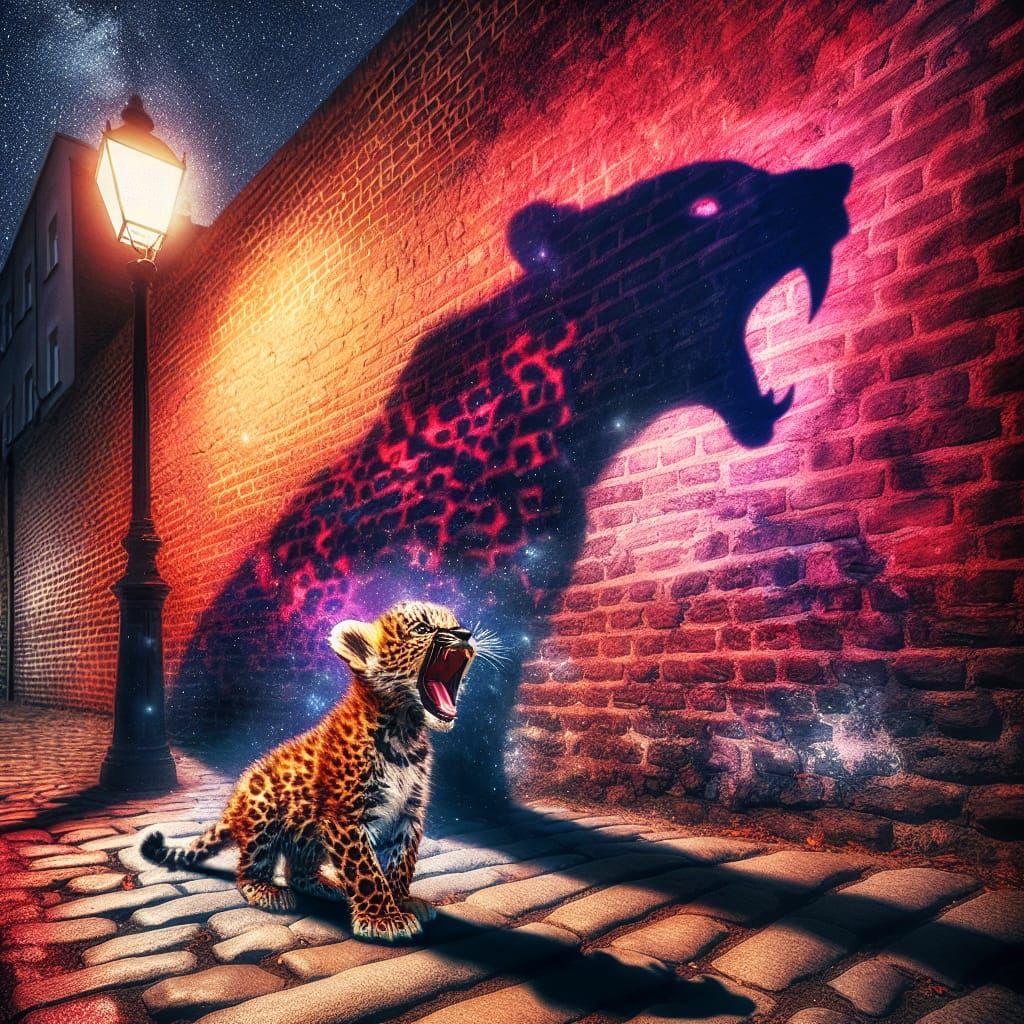 Surreal Digital Art Depiction of a Brave Leopard Cub Under U...