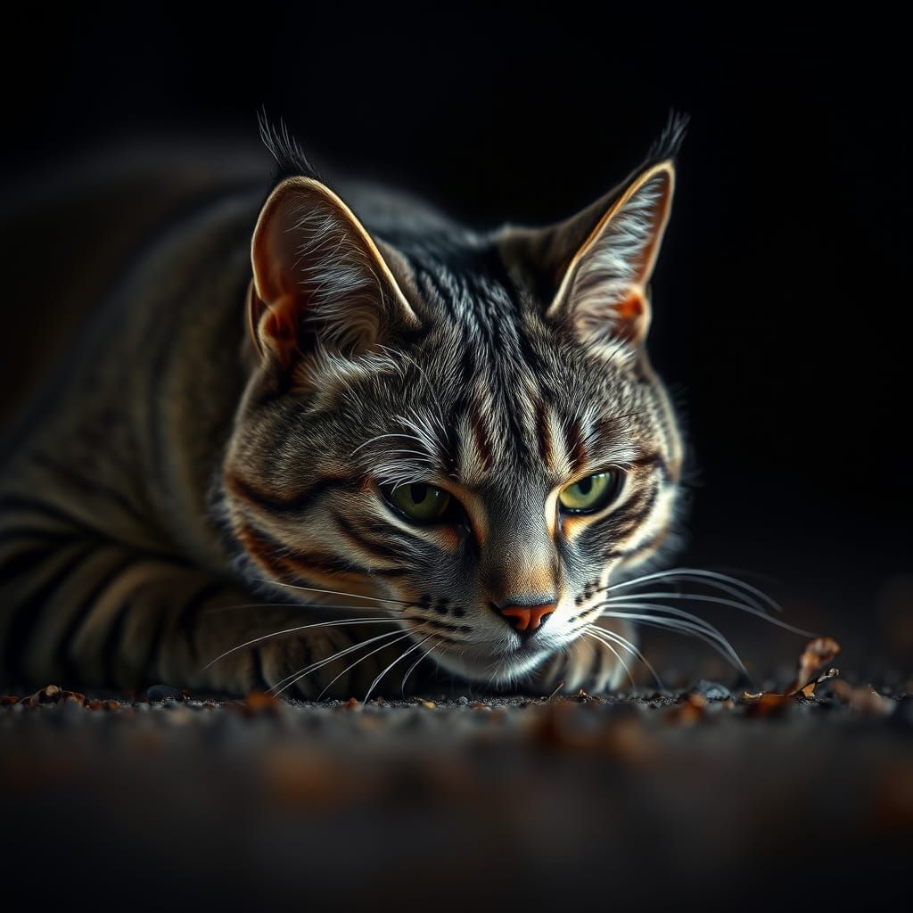 Realistic Grey Cat Sneaking, Ready to Pounce in Vibrant Dark...