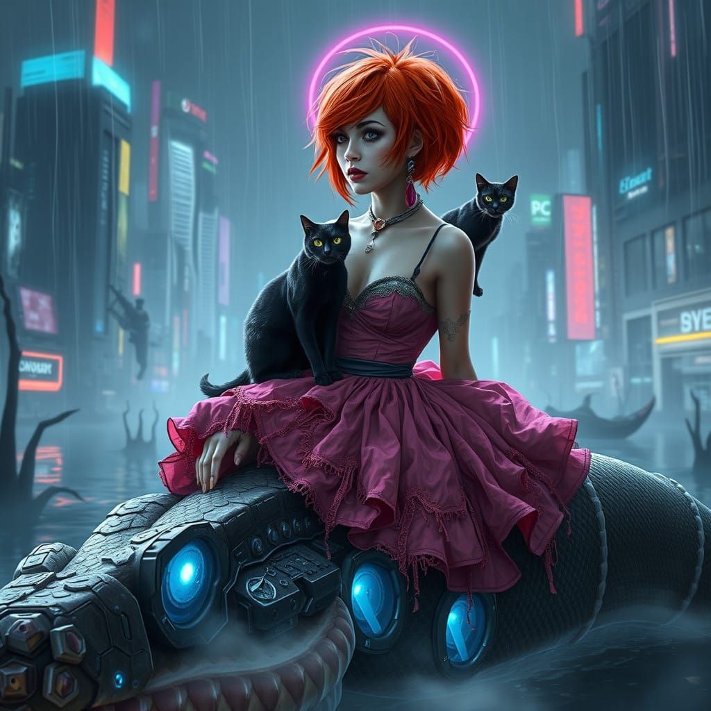 Cyberpunk Witch Sits Beside High-Tech Snake in Neon-Drenched...